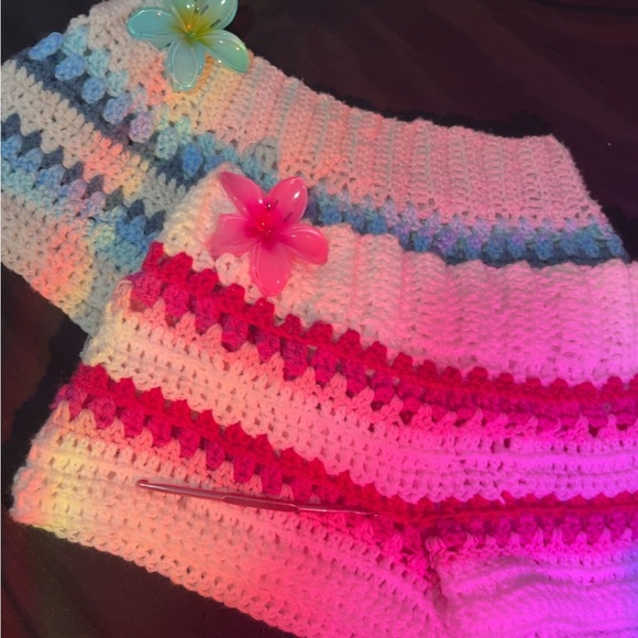 Handmade Crochet Shorts with Pink and Blue Stripes - Picture 2 of 4